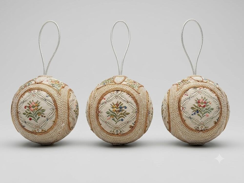 Vintage Set of 3 Embroidered Floral Christmas Ornaments | Gold Beaded & Jacquard